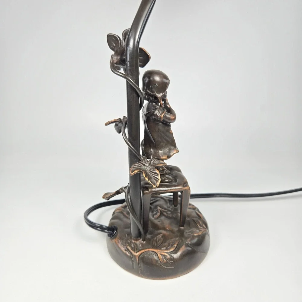 Vintage Juan Clara Bronze Statue Girl on Chair Table Lamp Pink Frost Glass Shade